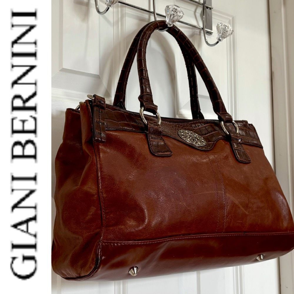 GIANI BERNINI - Double Zip Glazed Leather Satchel/Espresso w/Faux Leather Trim